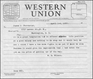 Western Union Reply from W.B. Wilson